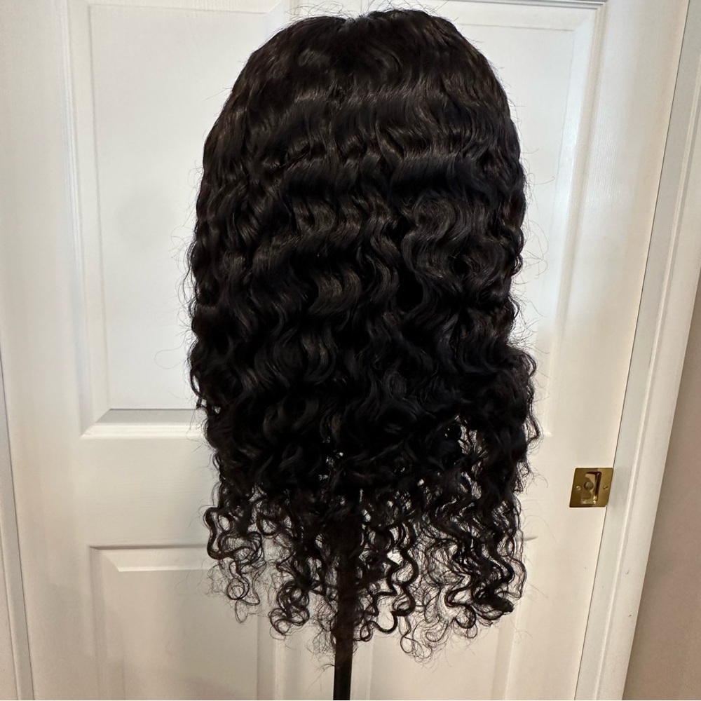 20” Natural Black Water Wave Human Hair 4x4 Lace Closure Wig 150% #QB3